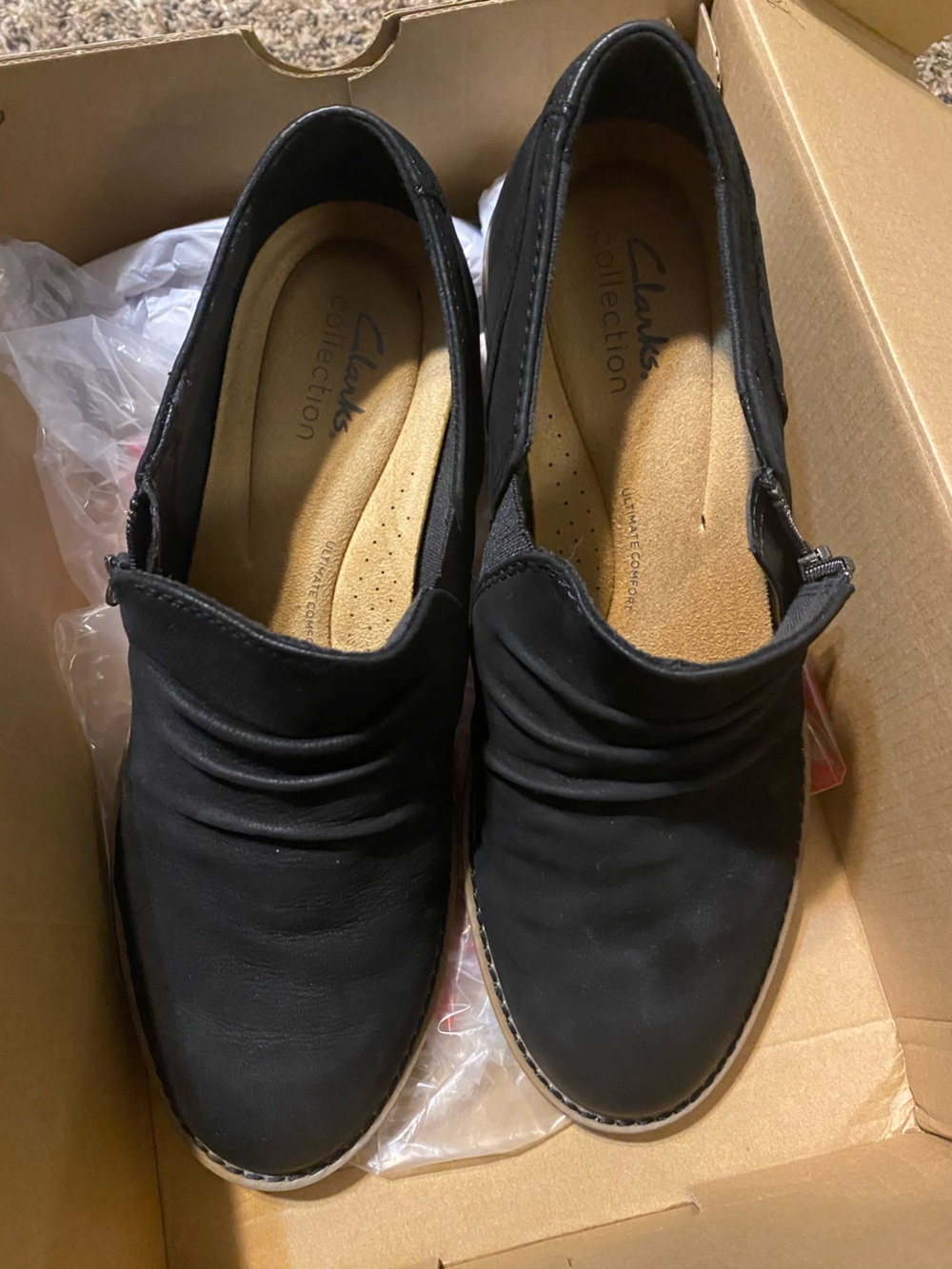 Clarks Black Women's Slip-On Loafer with Gathered Upper